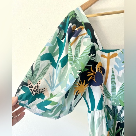 Oliphant Bubble Hem Tropical Leaf Print Puff Sleeve Cotton Mini Dress Medium - Picture 2 of 11